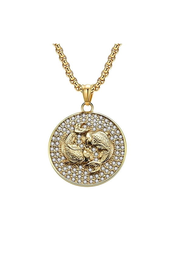 Unisex's Stainless Steel Embossed 12 Constellation Horoscope Zodiac Pendant Necklace Gold Pisces