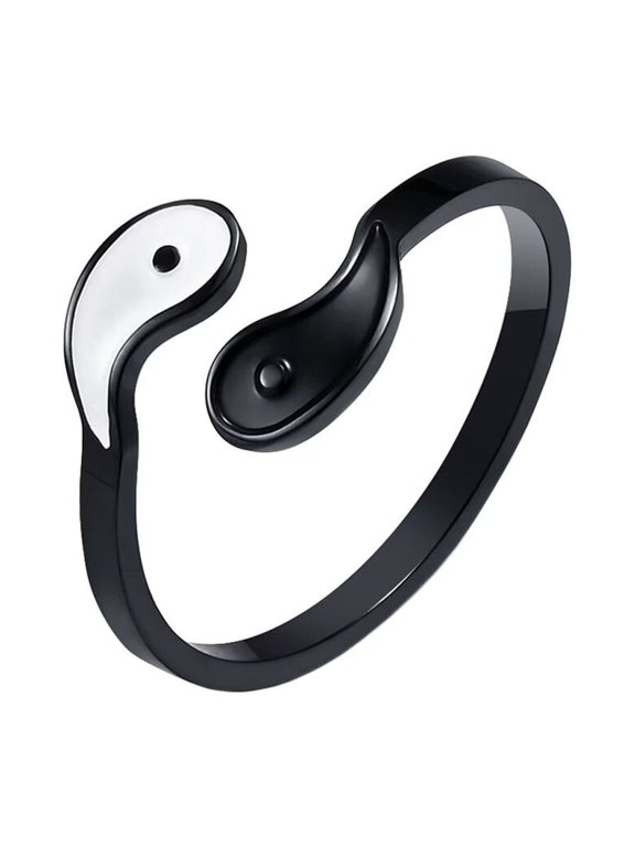 Unisex's Stainless Steel Open Adjustable Yin Yang Gossip Signet Ring Black Size 11