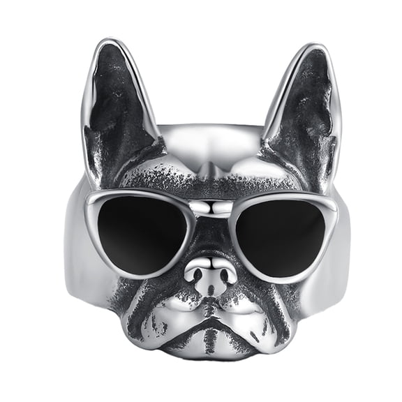 PAURO Vintage Epoxy Dog Ring for Men Stainless Steel Resin Puppy Face Band Quirky Cute Accessory for Dog Lovers Size 11