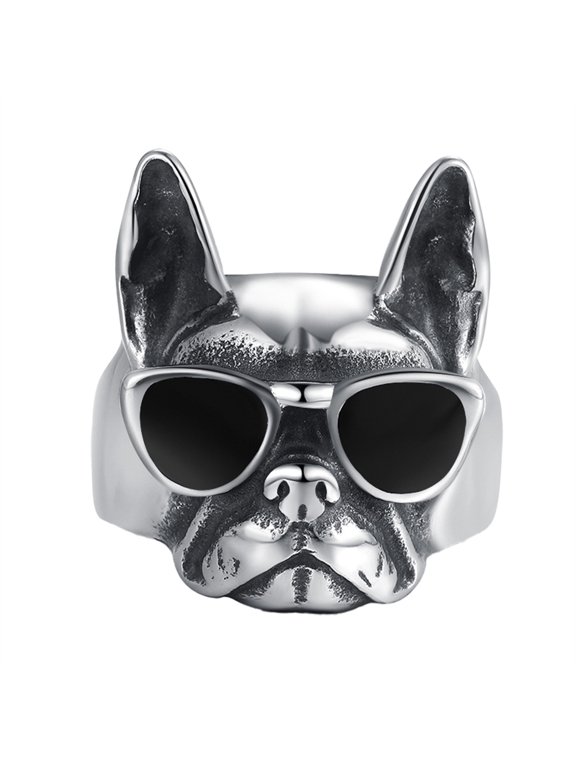 Vintage Epoxy Dog Ring for Men Stainless Steel Resin Puppy Face Band Quirky Cute Accessory for Dog Lovers Size 11
