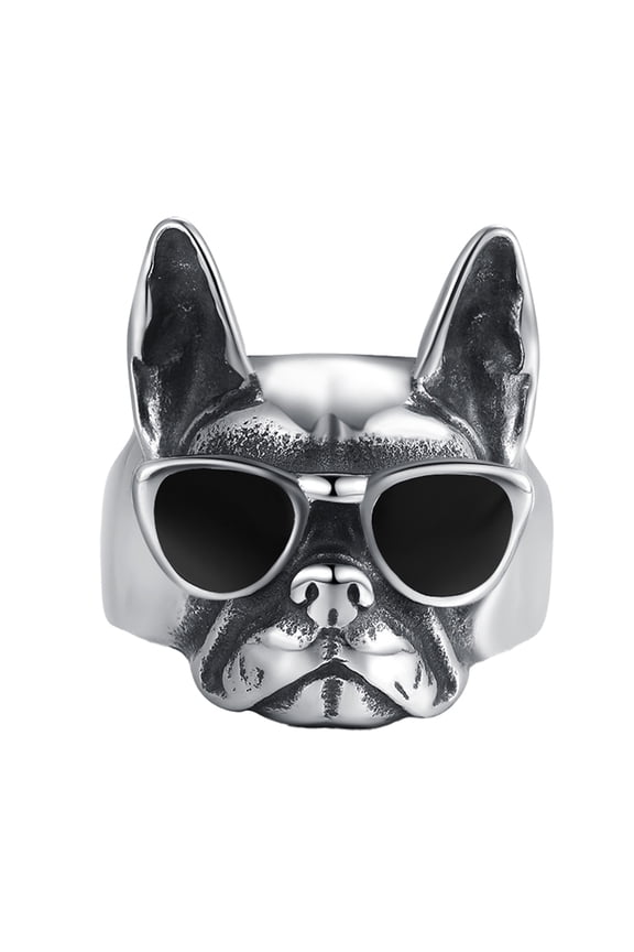 Vintage Epoxy Dog Ring for Men Stainless Steel Resin Puppy Face Band Quirky Cute Accessory for Dog Lovers Size 8