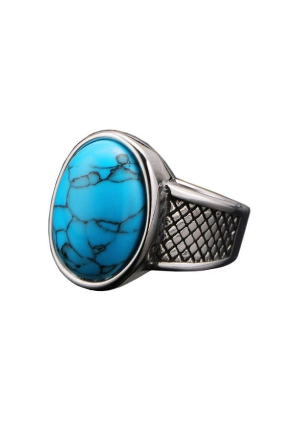 Vintage Men's Synthetic Turquoise Signet Ring Stainless Steel Oval Gemstone Statement Jewelry Blue Size 10