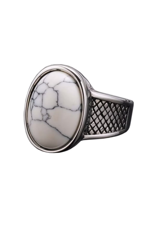 Vintage Men's Synthetic Turquoise Signet Ring Stainless Steel Oval Gemstone Statement Jewelry White Size 11