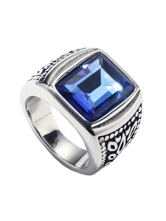 Vintage Square Agate Signet Ring Stainless Steel Simple Dark Blue Gemstone Thumb Ring for Men Silver Size 12