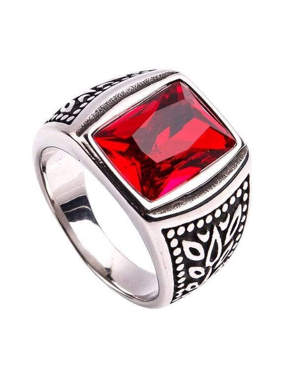 Vintage Square Agate Signet Ring Stainless Steel Simple Red Gemstone Thumb Ring for Men Silver Plated Size 12
