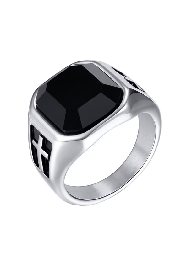 Vintage Square Black Agate Stone Signet Ring Stainless Steel Cubic Zirconia Band Rings for Men Size 10