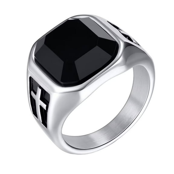 PAURO Vintage Square Black Agate Stone Signet Ring Stainless Steel Cubic Zirconia Band Rings for Men Size 11