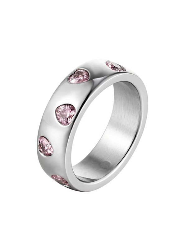Women 6mm Stainless Steel Heart Engagement Rings Inlay Pink Heart Cubic Zirconia Wedding Anniversary Propose Ring Silver Size 6