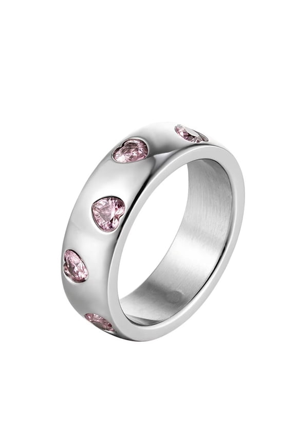 Women 6mm Stainless Steel Heart Engagement Rings Inlay Pink Heart Cubic Zirconia Wedding Anniversary Propose Ring Silver Size 6
