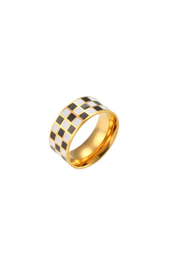 Women 8MM Stainless Steel Checkerboard Rings Black White Chessboard Couple Statement Band Gold Plated Black White Size 6