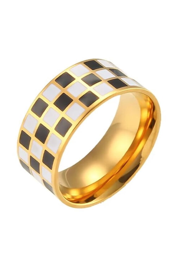 Women 8MM Stainless Steel Checkerboard Rings Black White Chessboard Couple Statement Band Gold Plated Black White Size 7