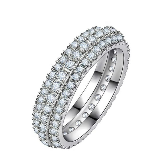 PAURO Women Cubic Zirconia Ring 3 Rows Eternity Rings Wedding Anniversary Band Ring Silver Size 8