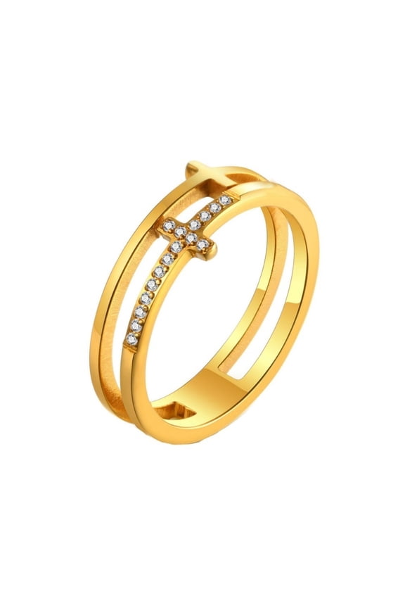 Women Double Cross Ring with Cubic Zirconia Promise Rings Dainty Faith Christian Jewelry Gifts Gold Size 5