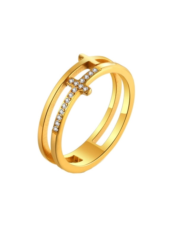 Women Double Cross Ring with Cubic Zirconia Promise Rings Dainty Faith Christian Jewelry Gifts Gold Size 6