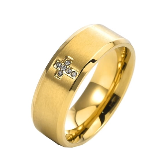 PAURO Women Men 8mm Stainless Steel Ring Cubic Zirconia Christian Cross Religious Wedding Band Statement Anniversary Ring Gold Size 8