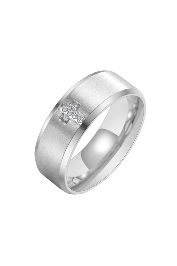 Women Men 8mm Stainless Steel Ring Cubic Zirconia Christian Cross Religious Wedding Band Statement Anniversary Ring Silver Size 8