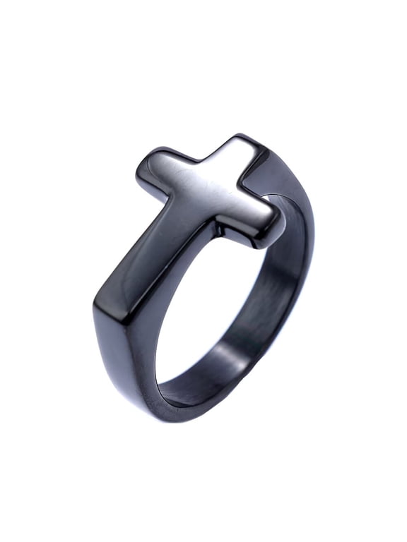 Women Men Stainless Steel Carved Ring Christian Sideways Cross Signet Style Ring Cross Christian Religious Ring Black Size 6