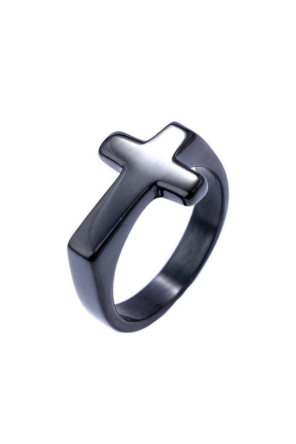 Women Men Stainless Steel Carved Ring Christian Sideways Cross Signet Style Ring Cross Christian Religious Ring Black Size 6