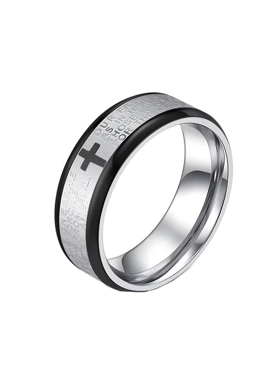 Women Men Stainless Steel Ring Cross God Ring Engraved Bible Verse Lords Prayer 8mm Wide Rings Comfort Fit Silver Black Size 8