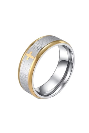 Women Men Stainless Steel Ring Cross God Ring Engraved Bible Verse Lords Prayer 8mm Wide Rings Comfort Fit Silver Gold Size 11