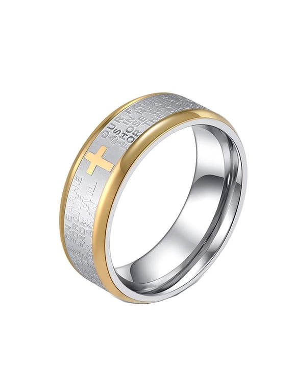 Women Men Stainless Steel Ring Cross God Ring Engraved Bible Verse Lords Prayer 8mm Wide Rings Comfort Fit Silver Gold Size 9