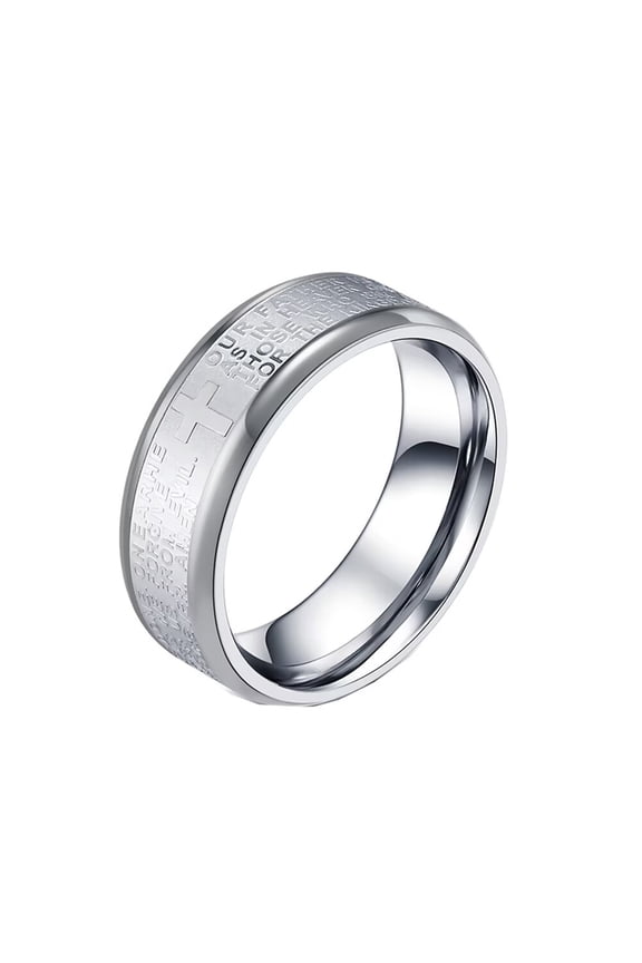 Women Men Stainless Steel Ring Cross God Ring Engraved Bible Verse Lords Prayer 8mm Wide Rings Comfort Fit Silver Size 7