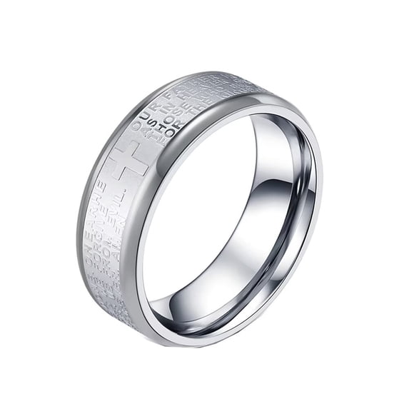 PAURO Women Men Stainless Steel Ring Cross God Ring Engraved Bible Verse Lords Prayer 8mm Wide Rings Comfort Fit Silver Size 8