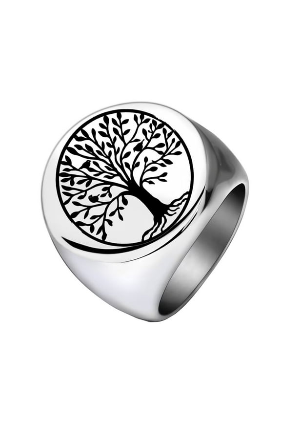 Women Men's Stainless Steel Tree of Life Ring Life Tree Round Signet Biker Band Christmas Wedding Rings Silver Size 15