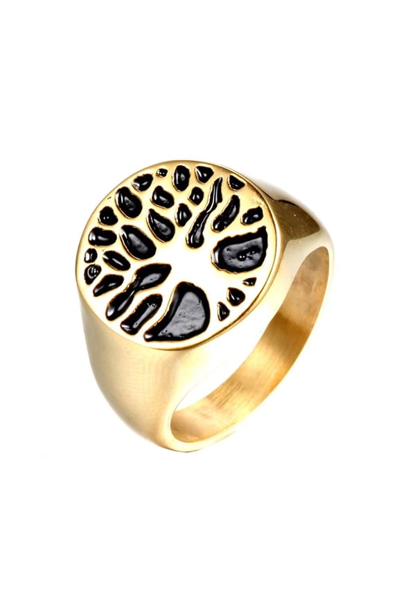 Women Men's Stainless Steel Tree of Life Ring Life Tree Round Signet Statement Promise Anniversary Gold Size8