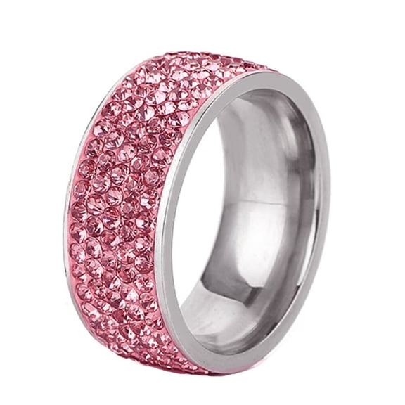 PAURO Women Stainless Steel 8mm Ring Cubic Zirconia Wide Eternity Statement Rings CZ Stackable 5 Row Diamond Wedding Band Pink Size 12