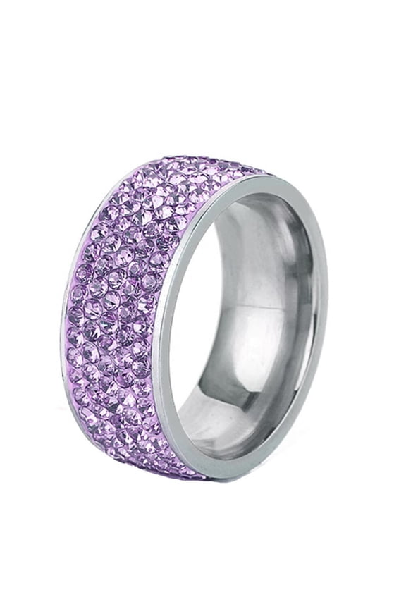Women Stainless Steel 8mm Ring Cubic Zirconia Wide Eternity Statement Rings CZ Stackable 5 Row Diamond Wedding Band Purple Size 7