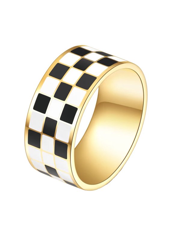 Women Stainless Steel Black White Checkerboard Rings 10mm Polished Couple Statement Band Gold Size 9