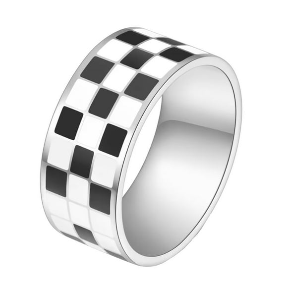 PAURO Women Stainless Steel Black White Checkerboard Rings 10mm Polished Couple Statement Band Silver Size 8