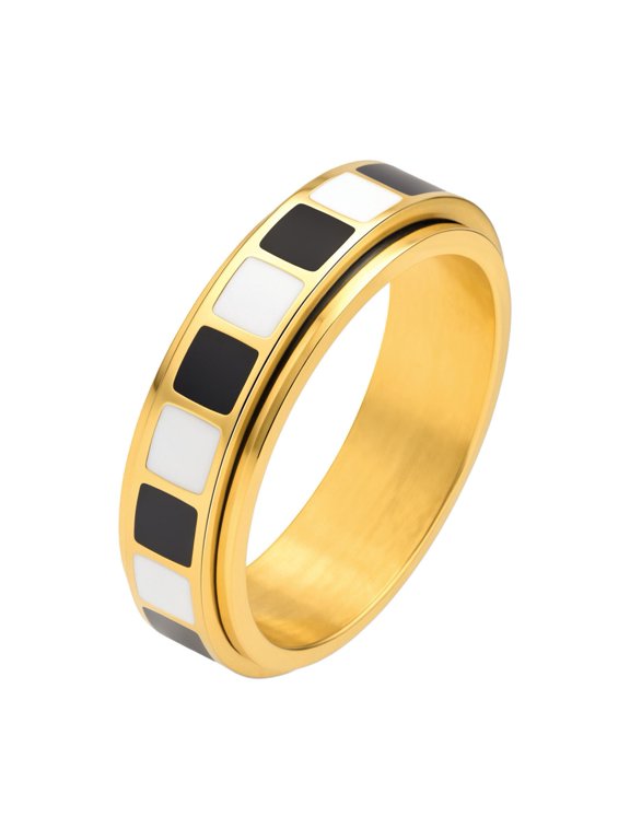 Women Stainless Steel Black White Checkerboard Spinner Fidget Ring Polished Rotating Statement Band Gold Size 11