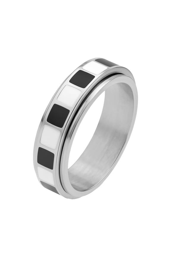 Women Stainless Steel Black White Checkerboard Spinner Fidget Ring Polished Rotating Statement Band Silver Size 6