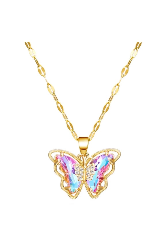 Women Stainless Steel Butterfly Necklace Butterflies Pendant Chain Bracelet With Zircon Gemstone Gold Plated Purple