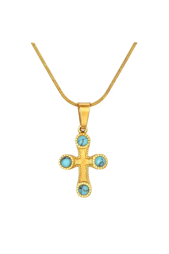 Women Stainless Steel Cross Necklace Colorful Gemstone Crystal Stone Dainty Pendant Necklace Blue