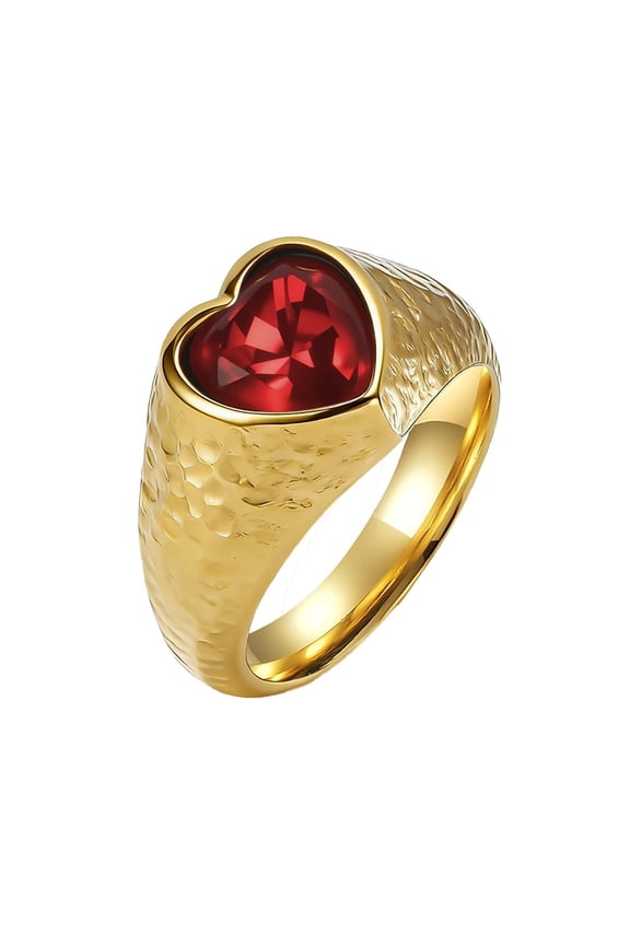 Women Stainless Steel Heart Cubic Zirconia Promise Rings With Side Hammered Honeycomb Statement Rings Gold Plated Red Size 5