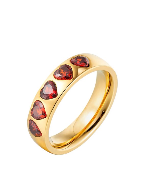 Women Stainless Steel Heart Engagement Rings Inlay Red Heart Cubic Zirconia Wedding Anniversary Propose Ring Gold Size 7