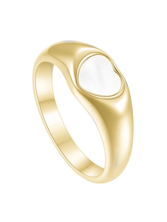 Women Stainless Steel Heart Ring Signet Style White Shell Face Wedding Engagement Statement Pinky Ring Gold Plated White Size 9