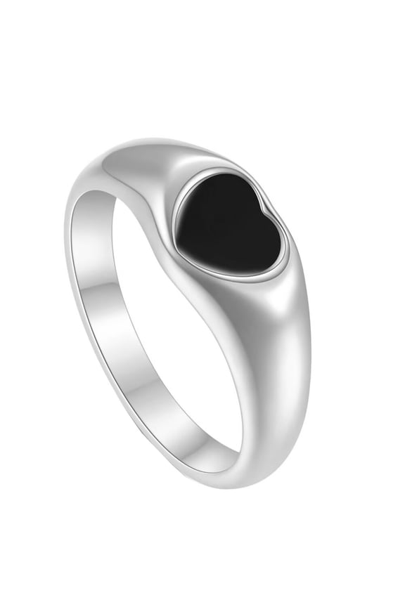 Women Stainless Steel Heart Ring Signet Style White Shell Face Wedding Engagement Statement Pinky Ring Silver Plated White Size 6