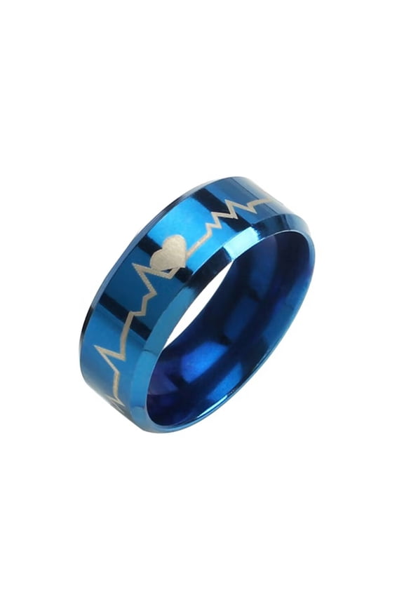 Women Stainless Steel Heartbeat Rings 8mm Hand in Hand Width Wedding Band Promise Cool Simple Ring Blue 7