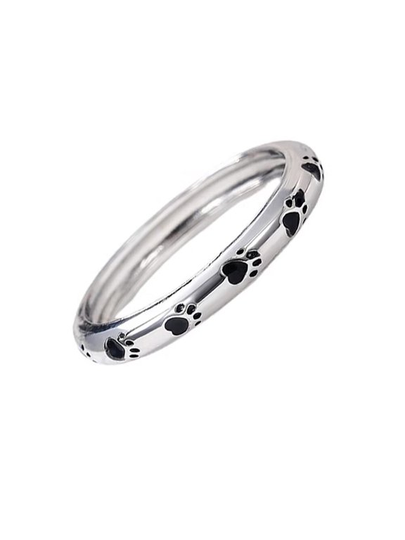 Women Stainless Steel Paw Print Enamel Ring 4mm Puppy Dog Cat Pet Ring for Pet Lovers Silver Size 9