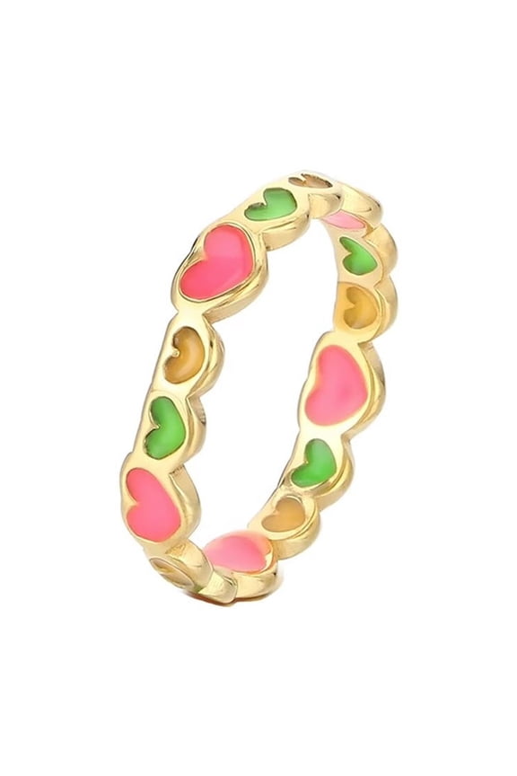 Women Stainless Steel Rainbow Heart Rings Enamel Dripping Oil Dainty Colorful Heart Finger Rings Promise Ring Christmas Gifts Gold Pink Size 9
