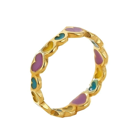 PAURO Women Stainless Steel Rainbow Heart Rings Enamel Dripping Oil Dainty Colorful Heart Finger Rings Promise Ring Christmas Gifts Gold Size 7