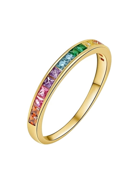 Women Stainless Steel Rainbow Ring Pride Gold Plated Rainbow Cubic Zirconia Stacking Rings Size 8