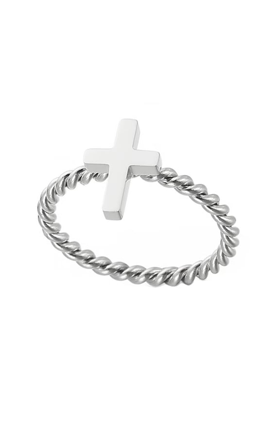 Women Stainless Steel Ring Christian Sideways Cross Braided Wedding Band Simple Plain Statement Religious Ring Silver Size 9