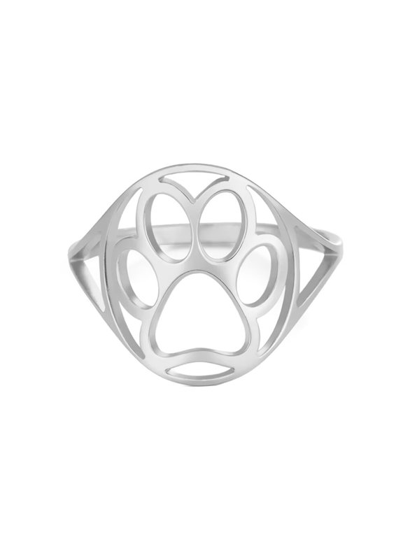 Women Stainless Steel Ring Cut-Out Cute Puppy Dog Cat Paw Print Rings for Pet Lovers Silver Size 9