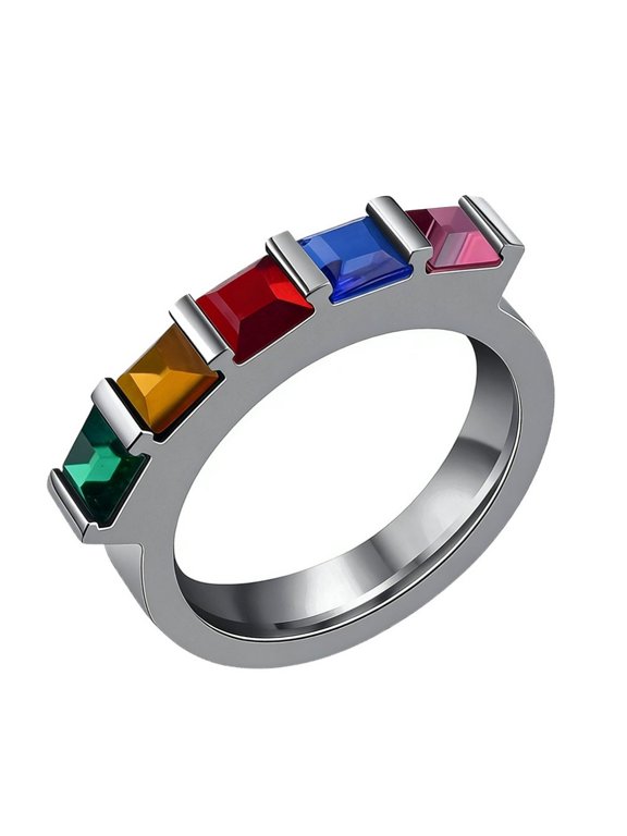 Women Stainless Steel Ring LGBT Gay Lesbian Pride Rainbow Cubic Zirconia Wedding Bands Size 9