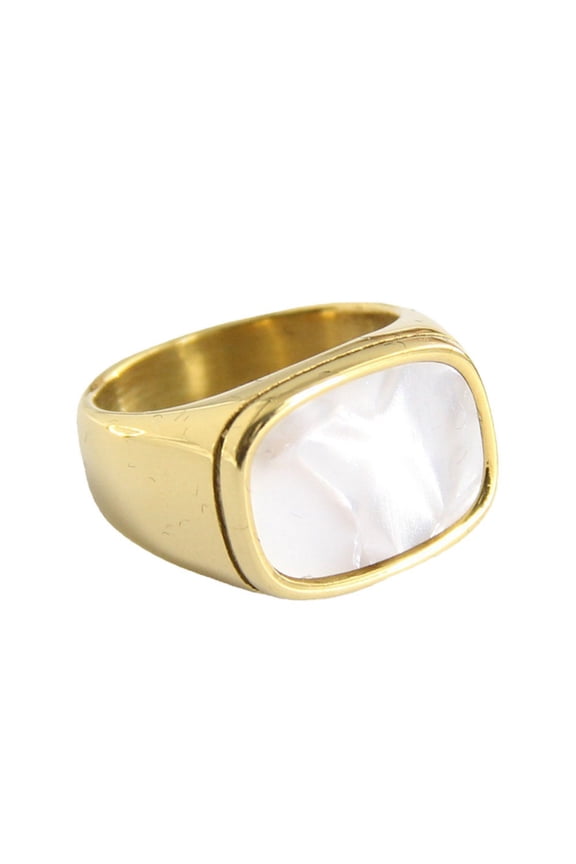 Women Stainless Steel Signet Rings Rectangular Shell Mother of Pearl Inlay Wedding Band Size 11